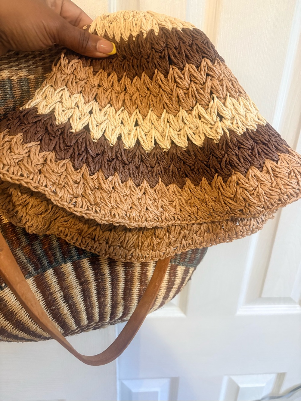 Woven Straw Tote Bag with Leather Straps - Natural Brown. Hat come with purchase - Picture 2 of 6